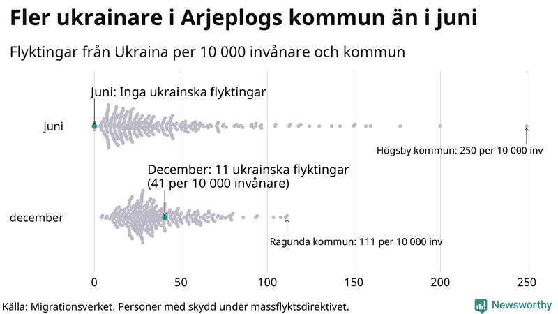 Graf: Antal personer med skydd under massflyktsdirektivet i Migrationsverkets system per kommun