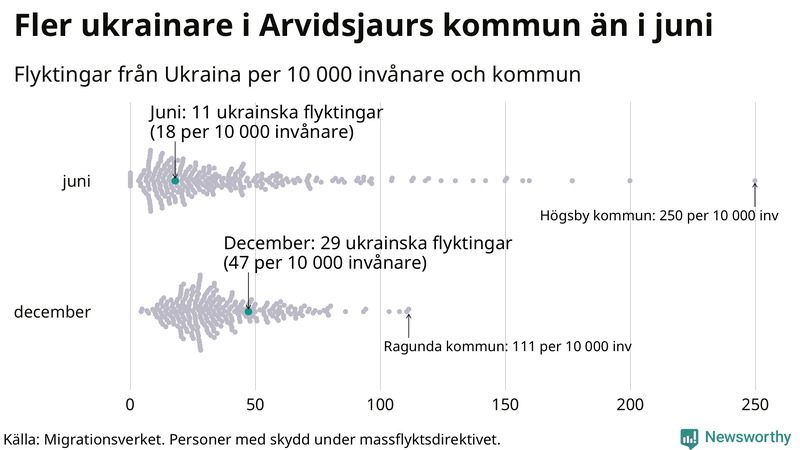 Graf: Antal personer med skydd under massflyktsdirektivet i Migrationsverkets system per kommun