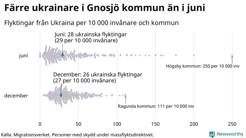 Graf: Antal personer med skydd under massflyktsdirektivet i Migrationsverkets system per kommun