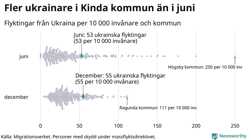 Graf: Antal personer med skydd under massflyktsdirektivet i Migrationsverkets system per kommun