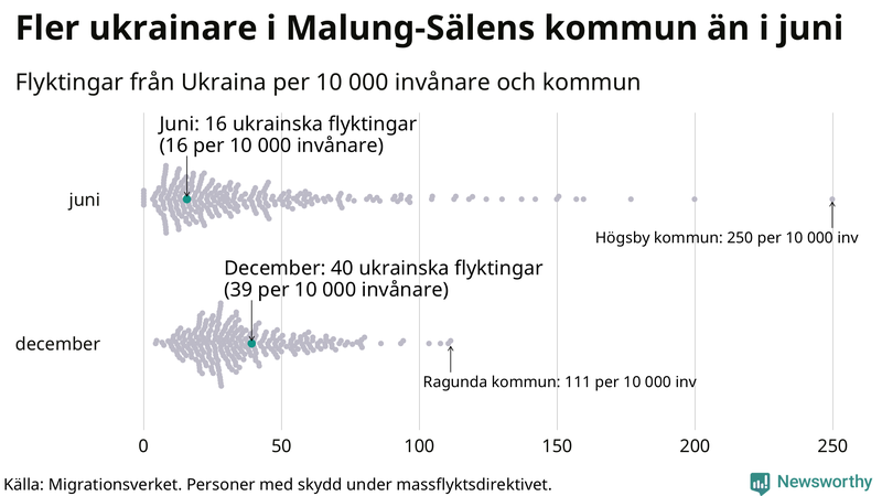 Graf: Antal personer med skydd under massflyktsdirektivet i Migrationsverkets system per kommun