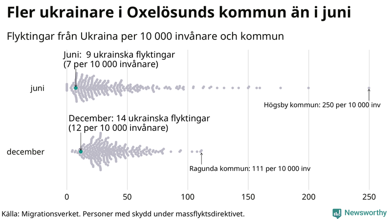 Graf: Antal personer med skydd under massflyktsdirektivet i Migrationsverkets system per kommun