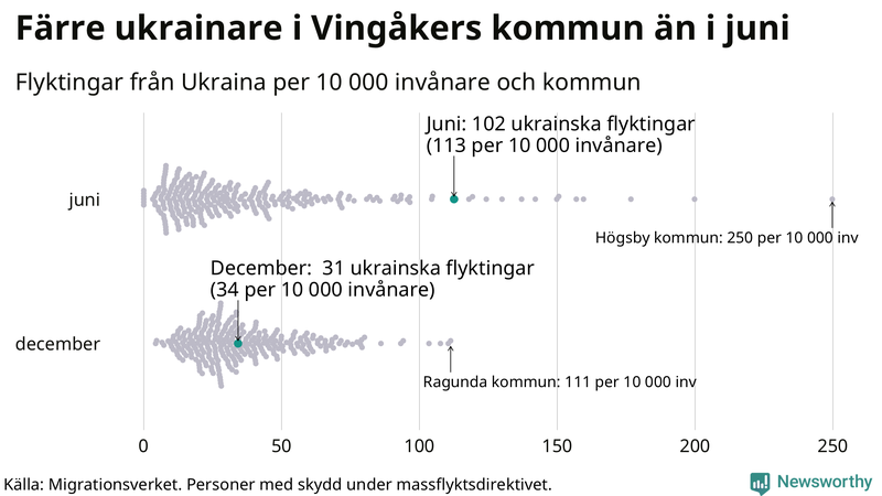 Graf: Antal personer med skydd under massflyktsdirektivet i Migrationsverkets system per kommun